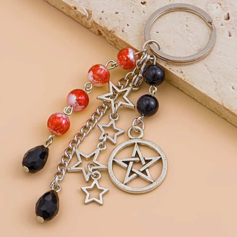 Alloy Halloween Beaded Charm Pentagram Star Black Bow Skull Key Chain Multi-Style Ghost Witch Cross Key Ring Backpack Accessory