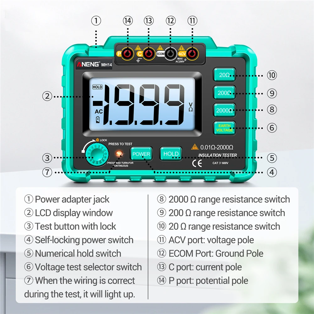 ANENG MH14 Digital Insulation Resistance Tester 1999 Counts Auto Ranges Megohmmeter 0-2000Ohm Voltmeter Ohm Detector Tools