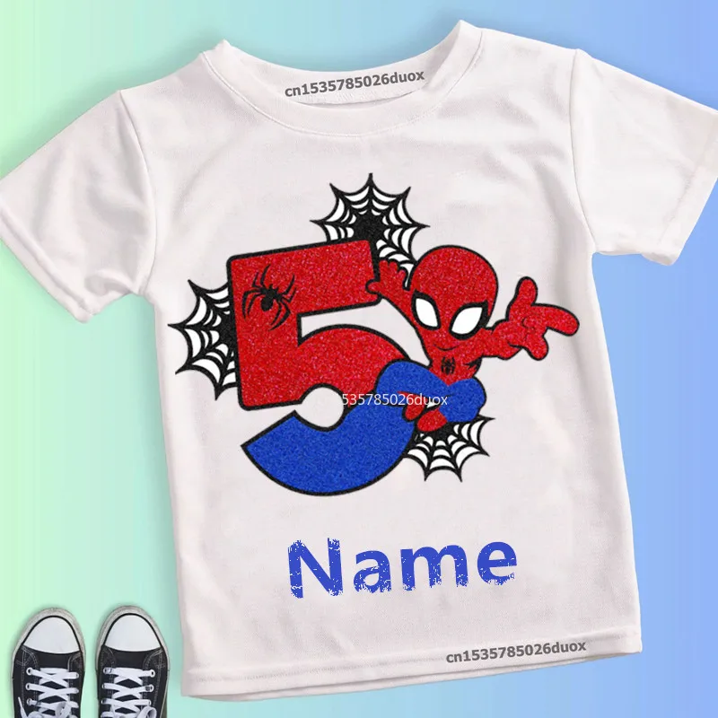 

Marvel Spiderman Birthday Girls Shirts Kid 2 3 4 5 6 7 8 9 Personalize Name Birthday Boy Summer 2024 Short Sleeved White T-shirt