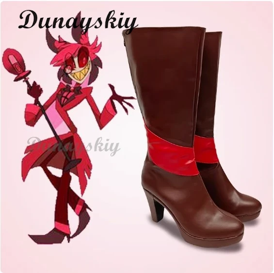 Hazzzbininin cos hotel alastor cosplay sapatos para mulheres homens botas de couro de salto botas alastor acessórios de halloween feitos sob encomenda