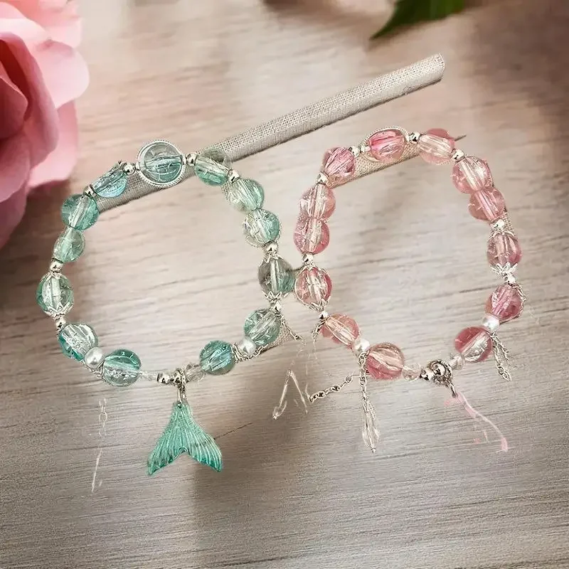 الكورية الوردي كريستال الزهور عقد بحلية متدلية على شكل فراشة سوار مُزين بالخرز للنساء الحلو الخرز سلسلة أساور صديقة مجوهرات هدايا #3