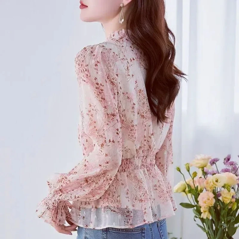 2024 Autumn Women\'s Small Fragrant Puff Sleeve Splicing O-Neck Fashion Printed Minimalist Casual Long Sleeve Blouses Shirts