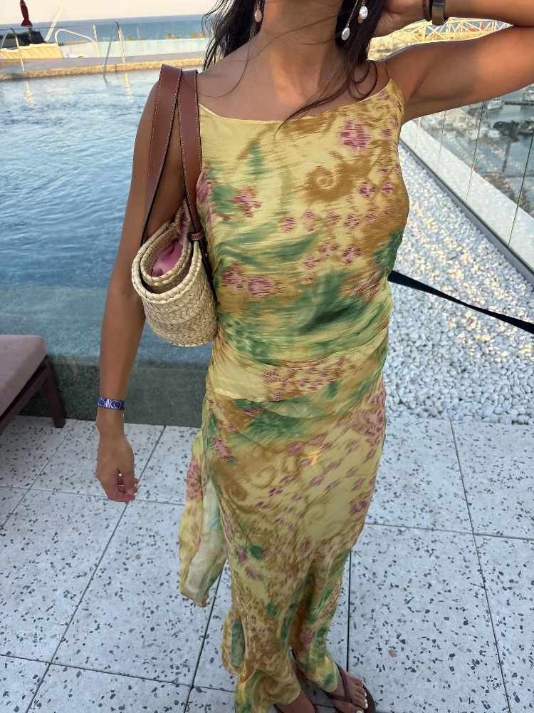 Damen Ärmelloses Maxikleid mit Spaghettiträgern, Blumenmuster, Gerafftes Bodycon-Kleid, NEU Sommer Strand Urlaub Party Freizeitkleidung – Detail 2