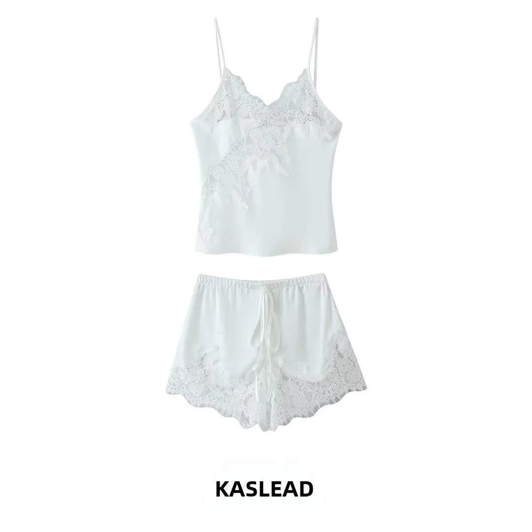 KASLEAD New Women's Fashion Lace Patchwork Top Shorts Set Summer Season Two-Piece Suit Simple Style Ensemble