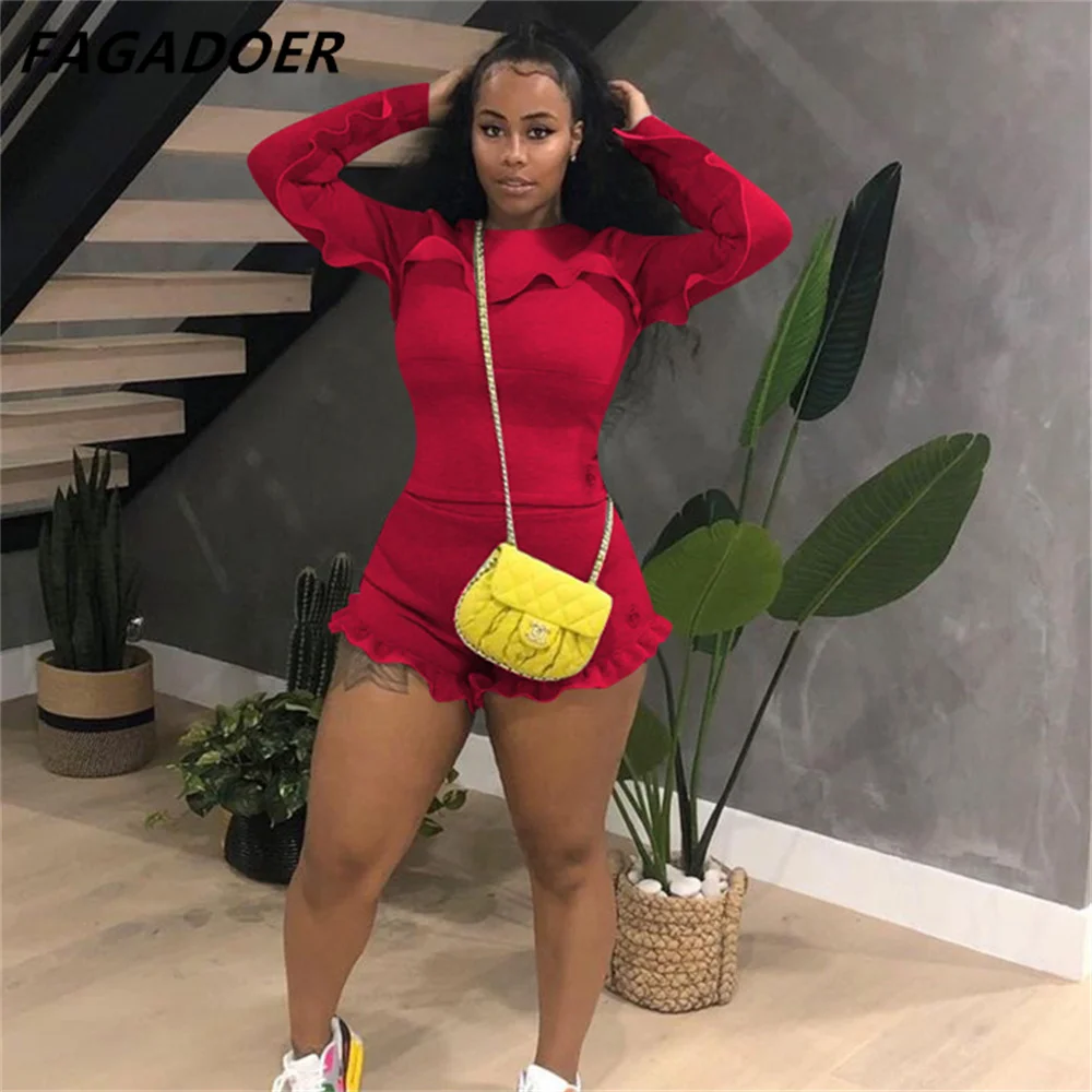 FAGADOER Casual Cute Two Piece Set Ruffles Long Sleeve Top Shorts Women Fashion Ruffled Solid Tracksuits 2pcs Outfits