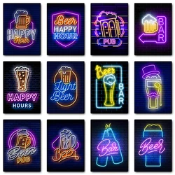 Neon Effect Beer Bar poster Retro Pub Beer Wine drinks Wall Art Prints Picture Canvas painting wine shop club room home decor