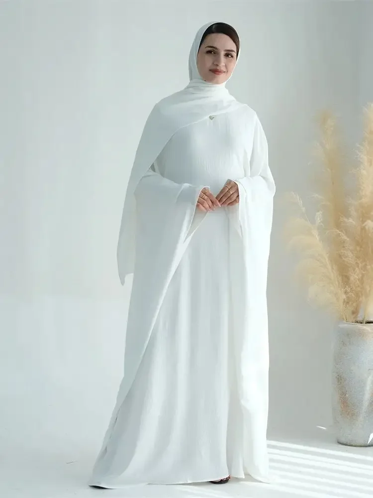 

White Pink Muslim Set Soft Crepe Khimar Batwing Abaya Damen 2 Piece Muslim Modest Hijab Dresses Set Kaftan Kebaya Robe Women