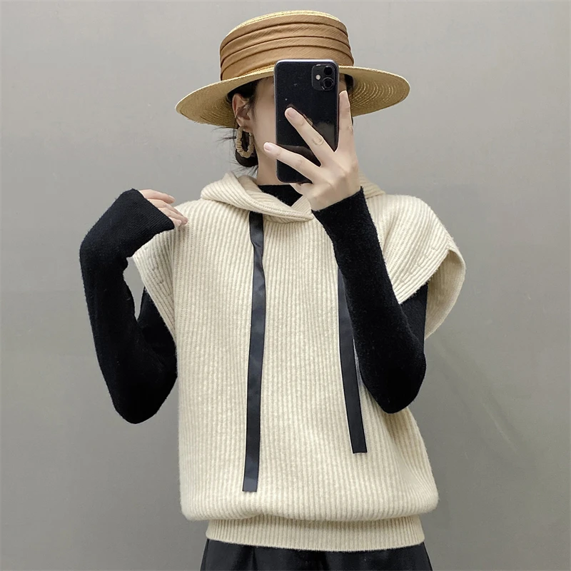 

BELIARST Women's Hooded Pullover Vest 100% Pure Wool Knitted Hoodie Autumn And Winter New Hoodie Casual Loose Large Size Top
