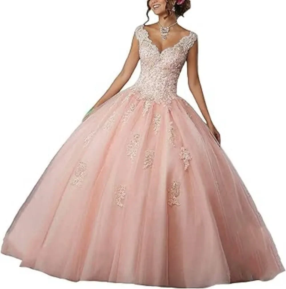 CLcaojun Women's V-Neck Beading Lace Quinceanera Dresses Sweet 16 Appliques Prom Ball Gown Customized