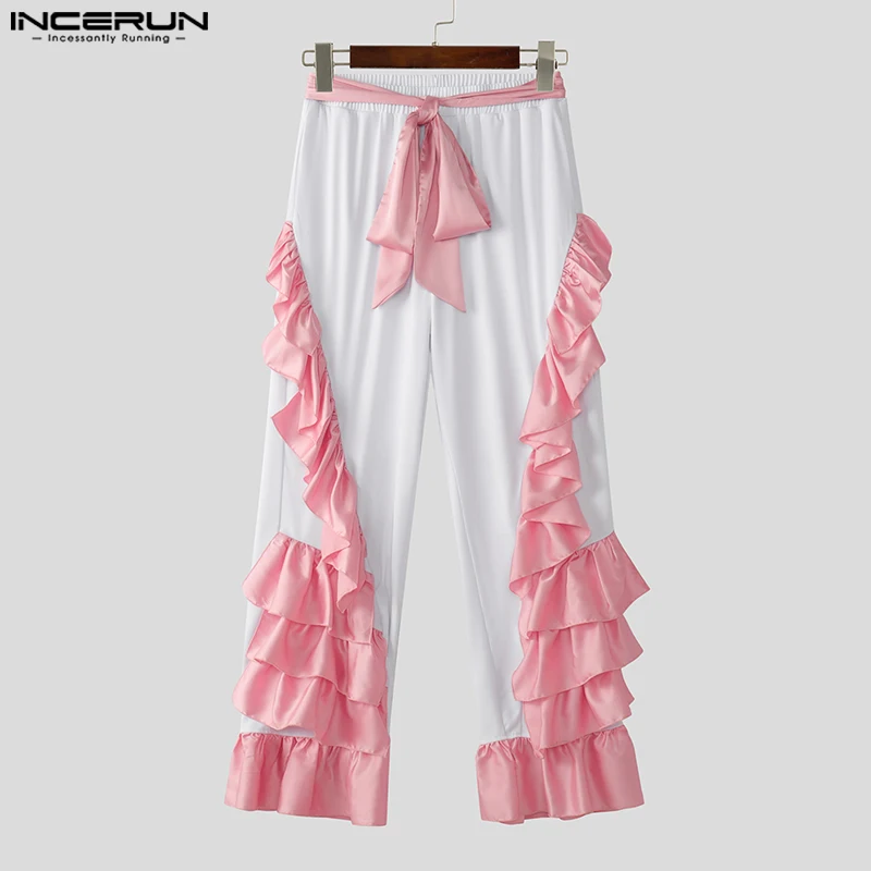 INCERUN 2025 American Style Pants Stylish Men Ruffled Edges Contrast Color Splicing Trousers Casual City Wlak Wide Leg Pantalons
