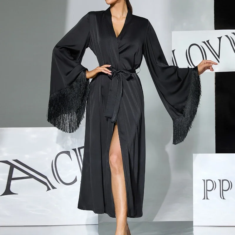 

Light Luxury Satin Tassel Cuffs Nightgown V-neck Tie Slit Long Multi-color Casual Simple Home Wear