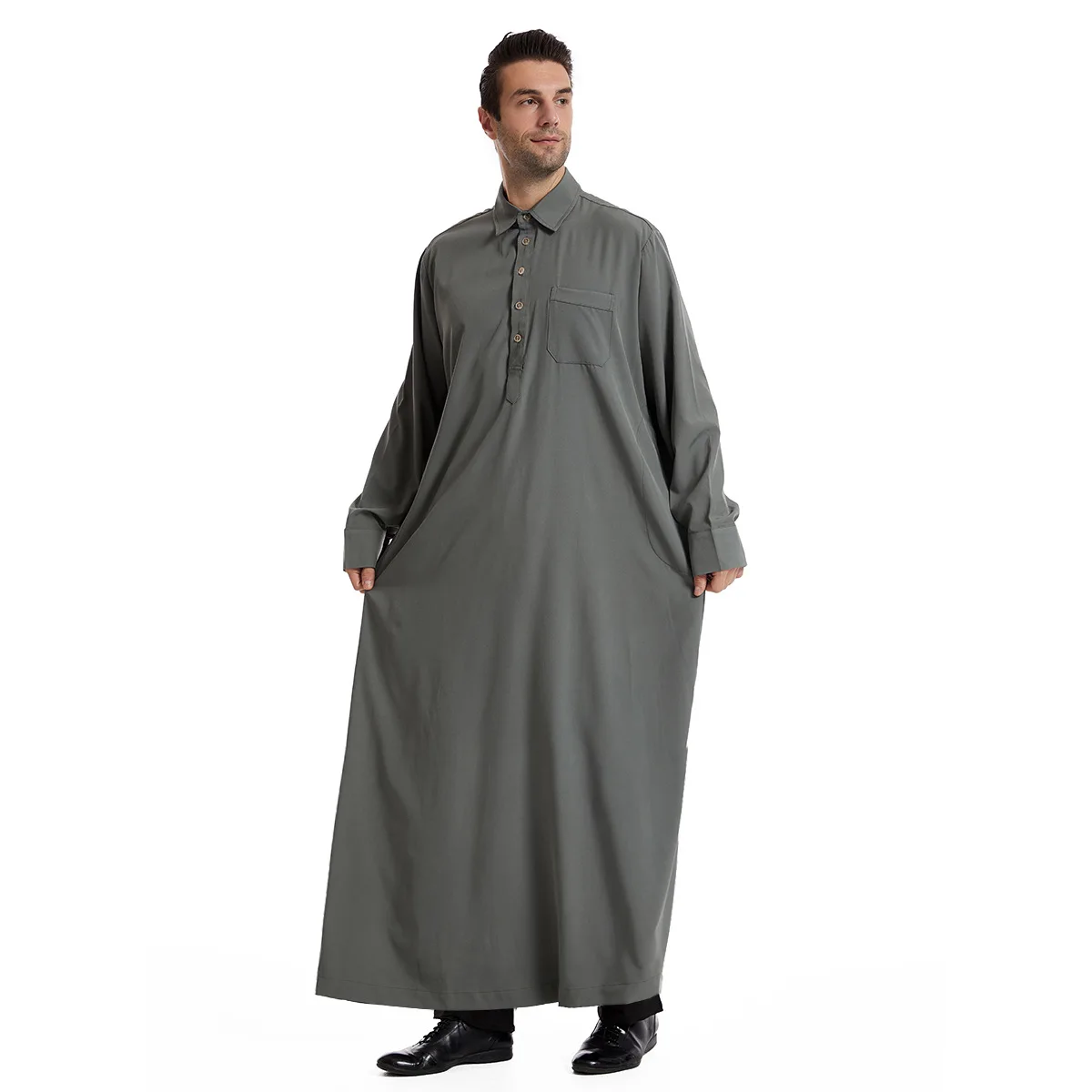 Túnica larga para hombre Eid Abaya musulmana con bolsillos Jubba Thobe modesto Dubai Arabia Saudita Abayas oración Ramadán Marruecos botones Kaftan Dishdasha