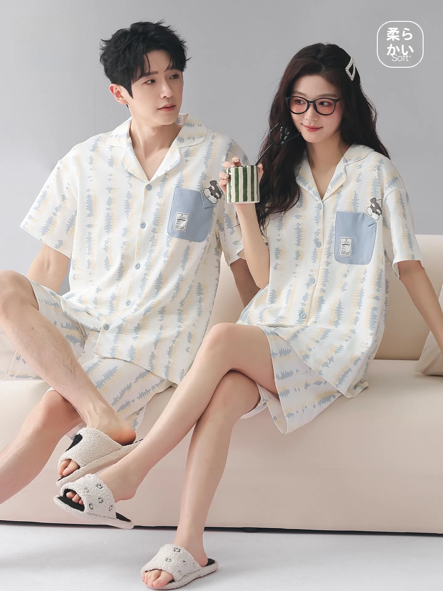 ultra-soft-cotton-pajamas-couple-style-summer-sleepwear-short-sleeve-cartoon-dog-print-home-clothes-women's-set-men's-set