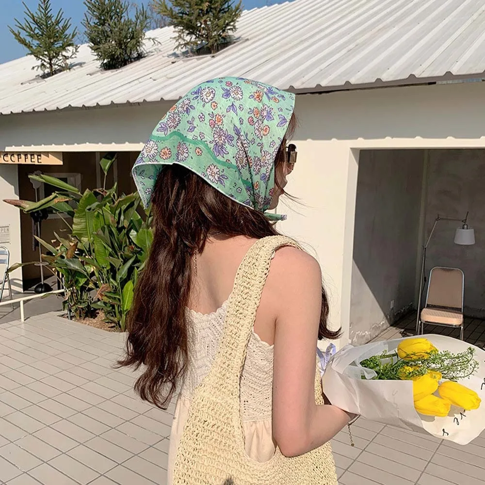 

Breathable Spring Silk Scarf Cotton Sweat-absorption Square Hijab Scarf Flax Sunscreen Flower Printed Headscarf Bag Accessories