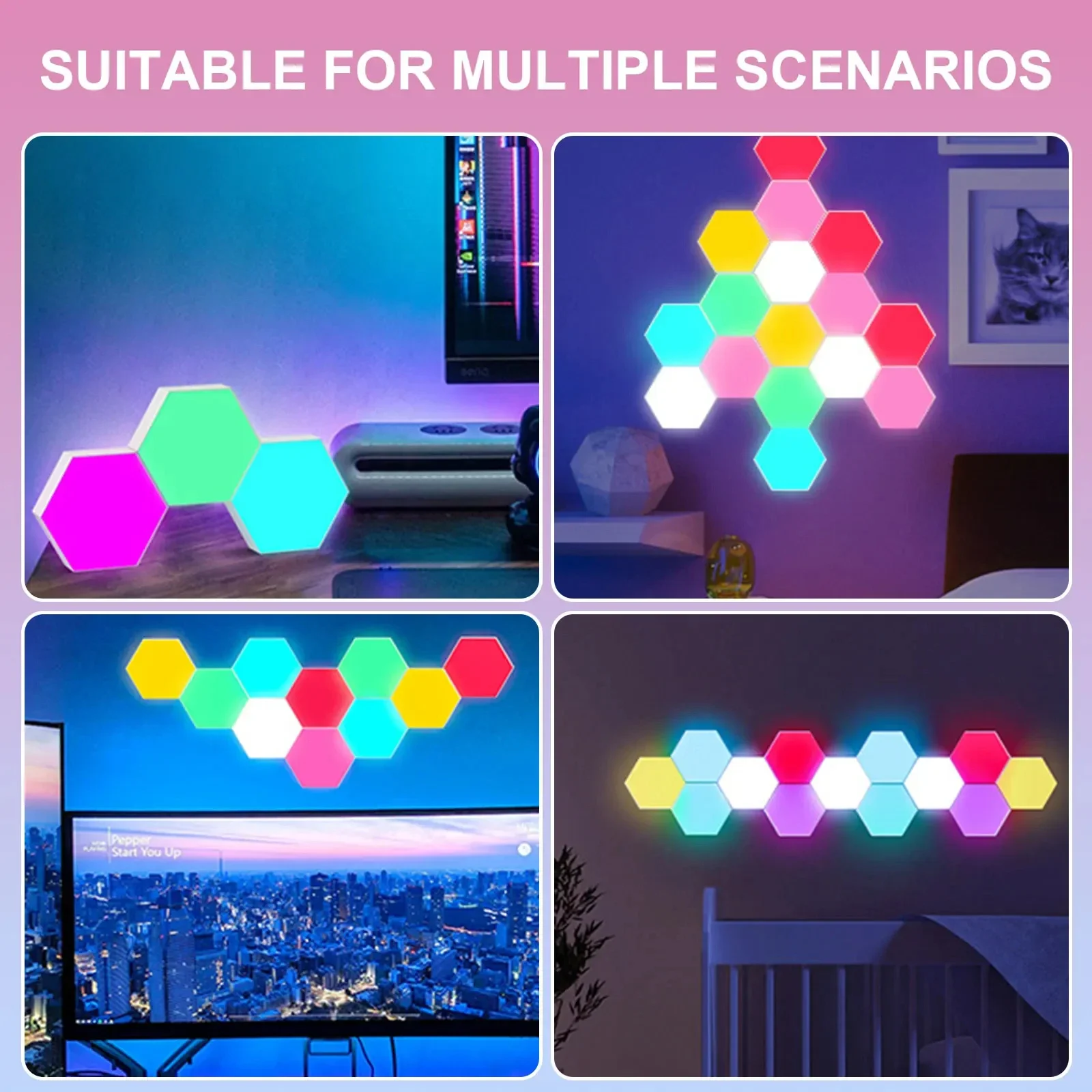 RGB LED Hexagon Wall Lamp Remote/Touch Control Hex Lights Creative DIY Modular Night Light for Kids Children Indoor Decoration