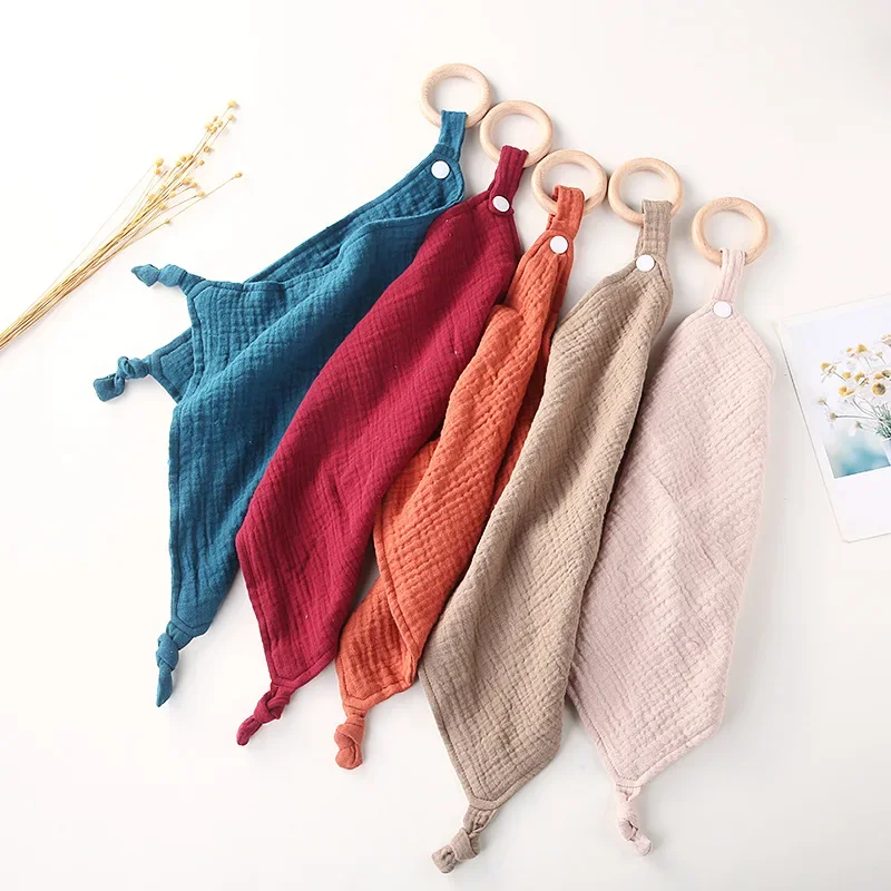 Newborn Appease Towel Solid Breathable Cotton Snap Ring Appeasing Toy Pacifying Towel Infant Blanket Saliva Towel for Dining