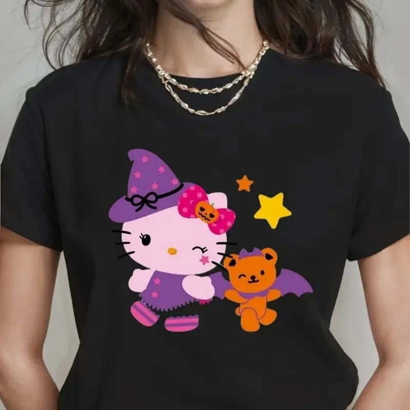 마녀 헬로 키티 할로윈 드레스업 만화 티셔츠 산리오 신상 여성 플러스 사이즈 휴일 선물 루즈 캐주얼 반팔 탑