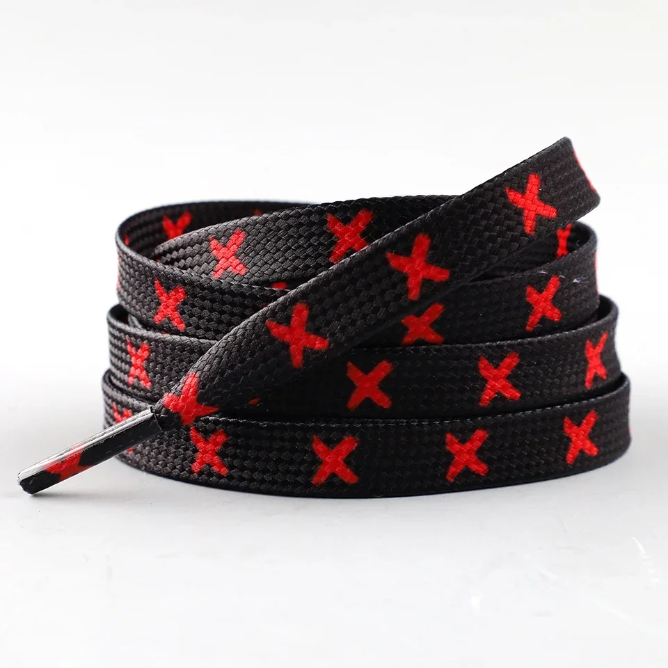 1 Paar neue, modische, flache Schnürsenkel für Sneaker, schwarz-rot, mit X-Streifen, für Schuhe in den Größen 120/140/160 cm, Schuhzubehör, Tennisschnürsenkel. – Detail 7