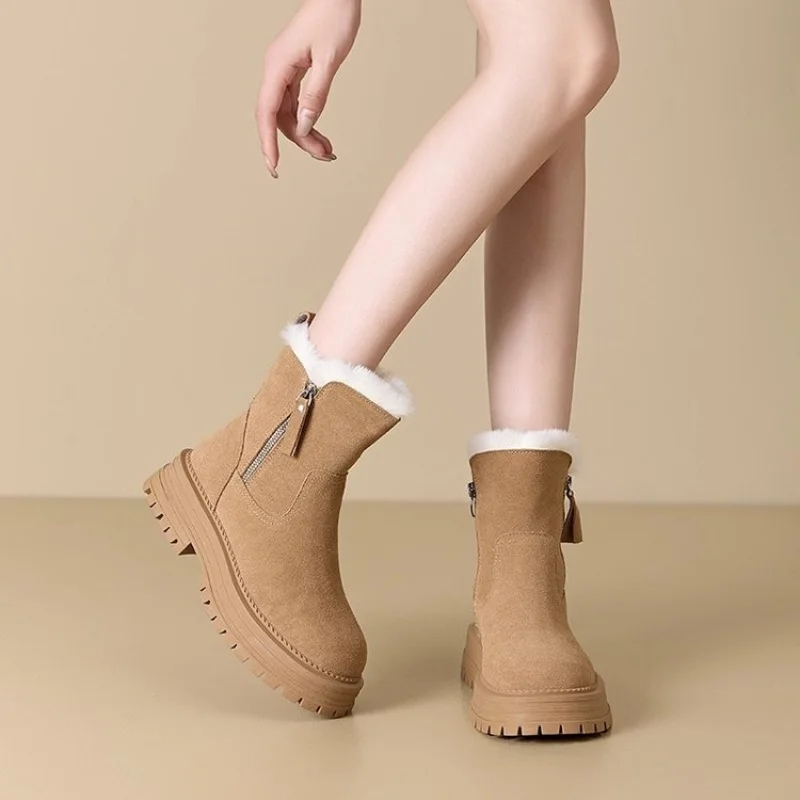 Women Winter Ankle Snow Boots Camel Black Thick Platform Side Zipper Plush Lined Warm Non-slip Matte Short Casual Boots