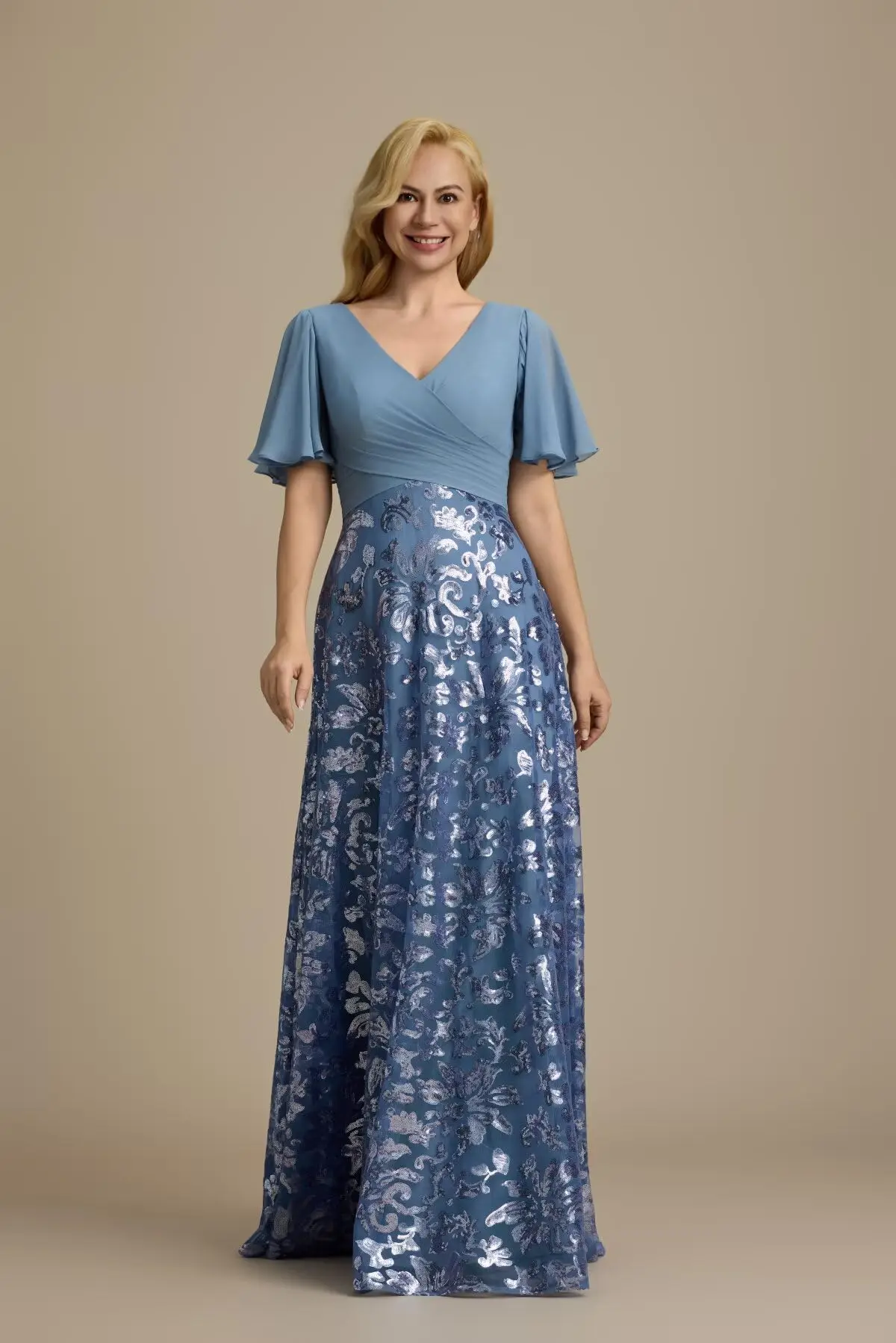 Блестящие пайетки Платья для матери невесты с развевающимися рукавами Плиссированное вечернее платье