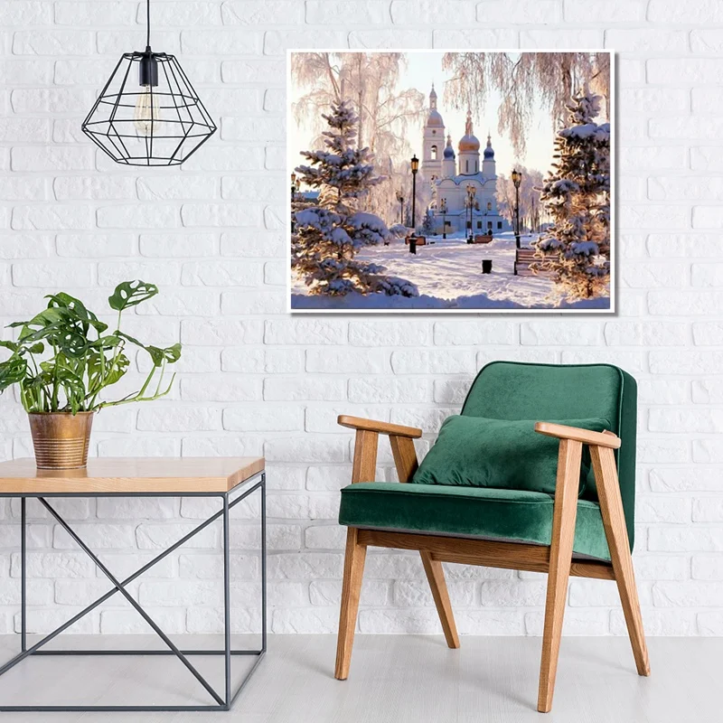 Promoção! Diy pintura diamante diamante completo diamante redondo cruz sala de estar decoração artesanato castelo na neve