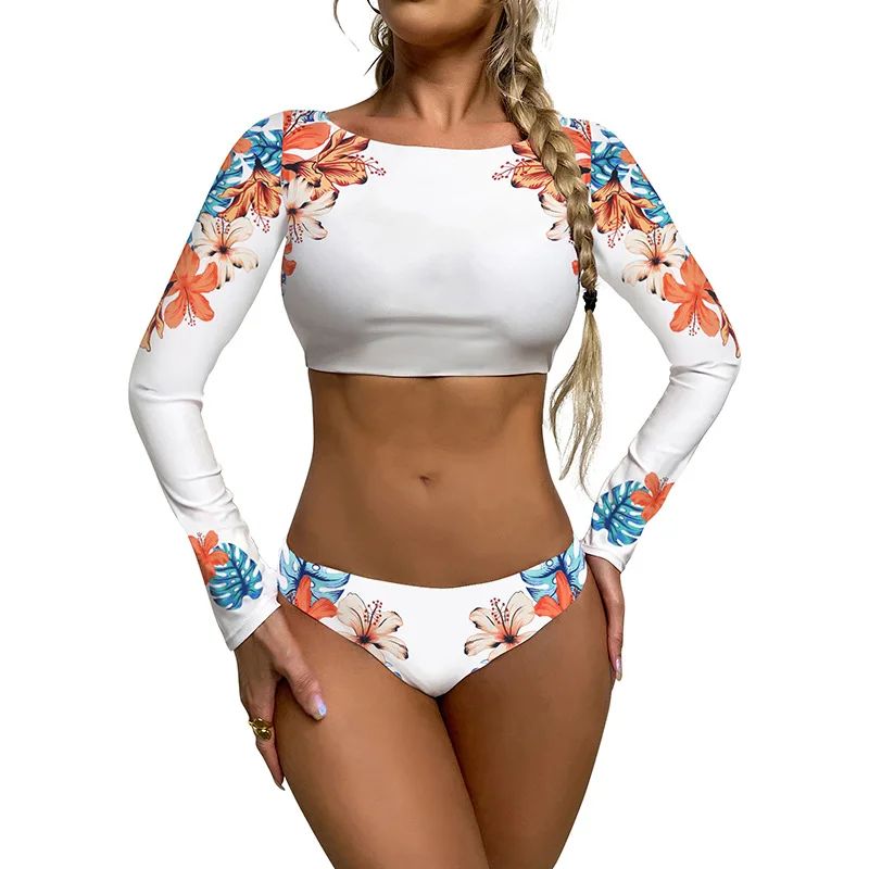 Women Long Sleeve Two Piece Swimsuit Tropical Floral Print Boat Neck Crop Top Rash Guard Bikini Bathing Suit