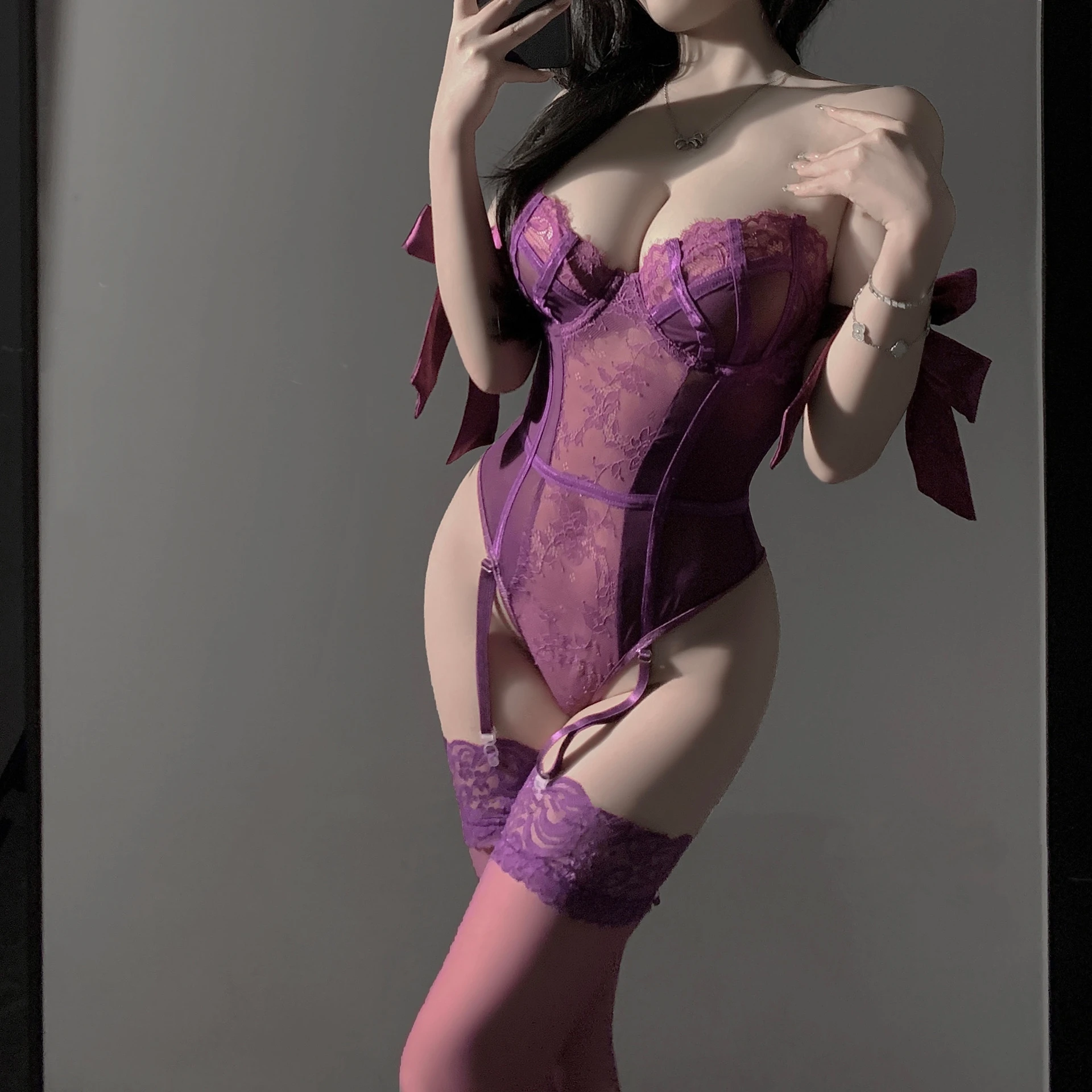 Women Sexy Lingerie Back bow strap Straight shoulder Purple onesie Hollow and t… - Image 6