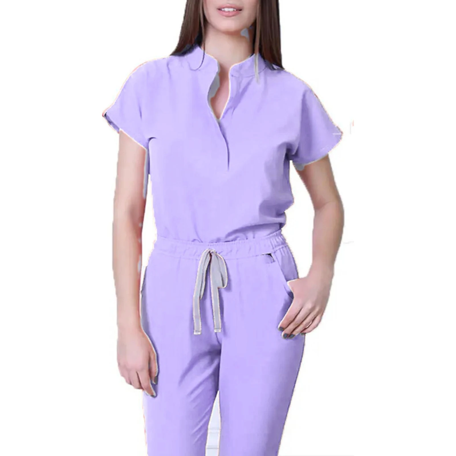 Damen-Krankenschwester-Overall, Stehkragen, kurze Ärmel, mehrfarbig, Kordelzug an der Taille, mehrere Taschen, medizinische Uniform, Arbeitskleidung für das Gesundheitswesen