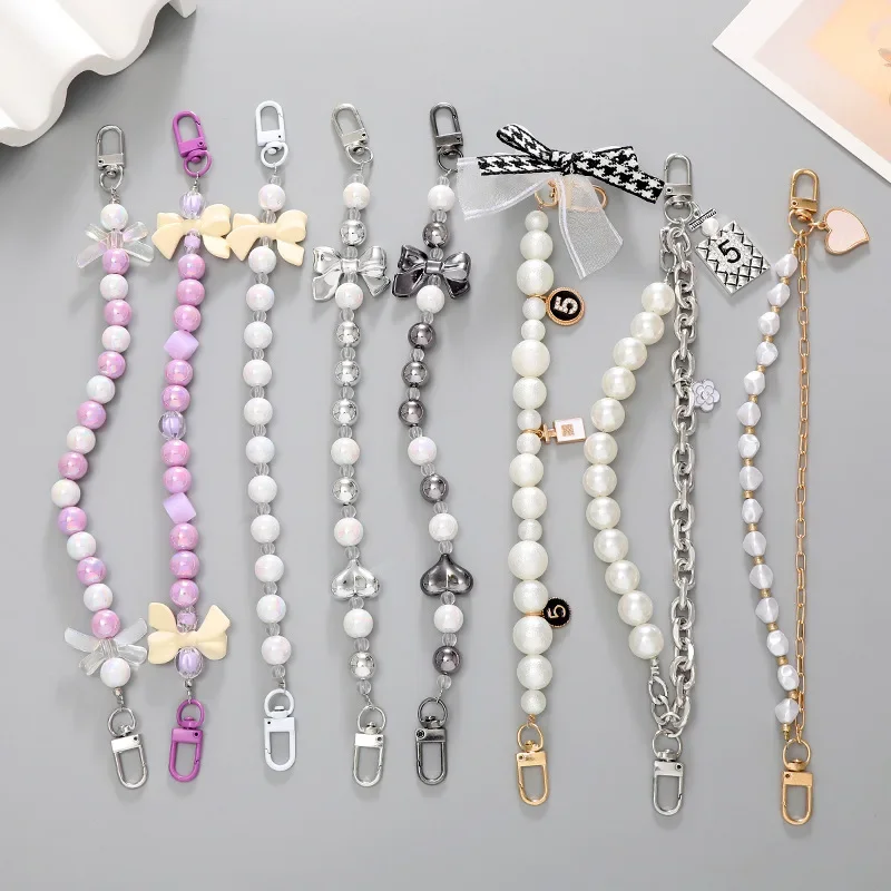 Pearl Handheld Chain Phone Case Pendant Hole Hanging Accessories Double Button Key Chains Clothing Accessories for Women