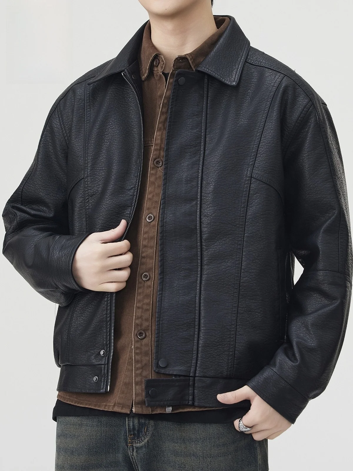 Rn American Sle PU Leather Jaet Men's Autumn Winter New Faion Loose Casual Retro Motorcycle Collar Jaet Coat