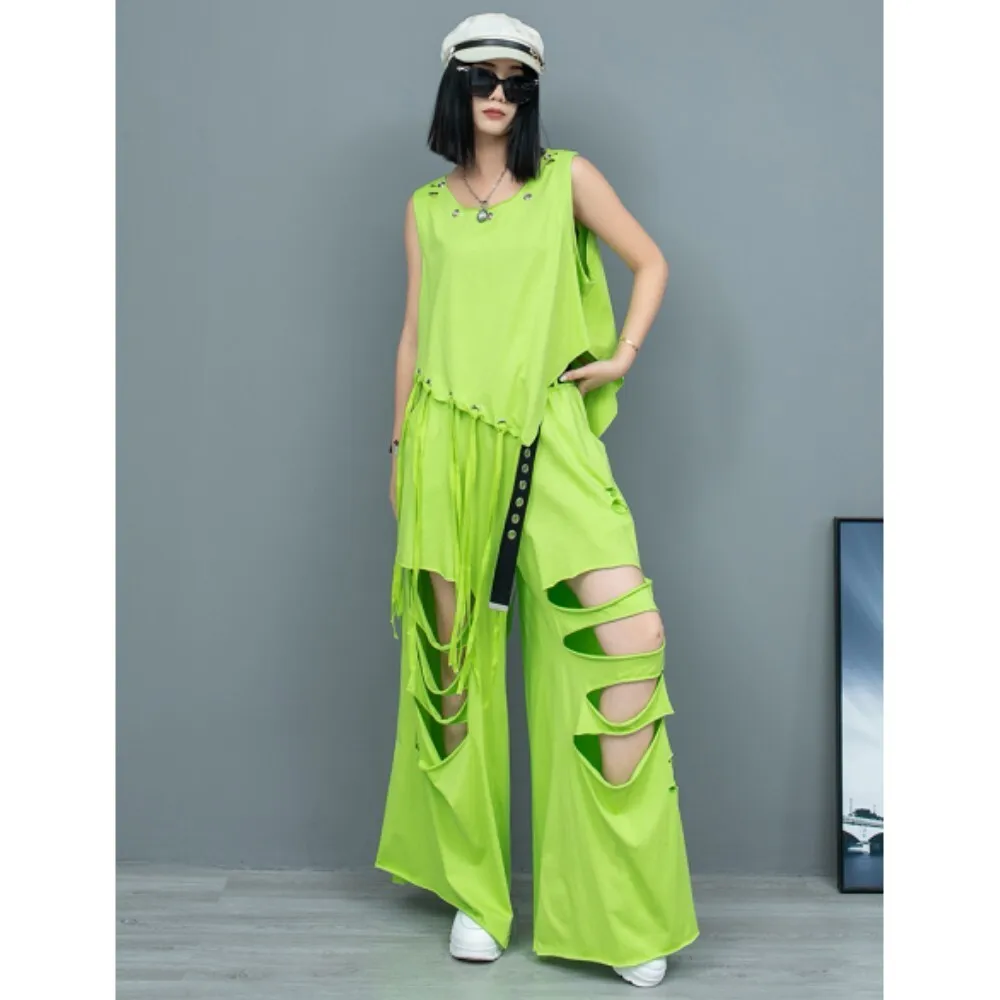 

Personalized Trendy Irregular Tassel Sleeveless T-shirt + Holes Wide Leg Pants Two-piece Set Women 2024 Summer Loose ZF099