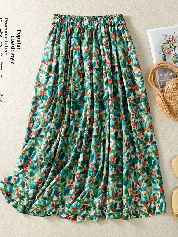 Retro Style Cotton Linen Print Skirt Long Semi-Body Spring Summer High Waist Puffy Skirt Ladies Fashion Elegant