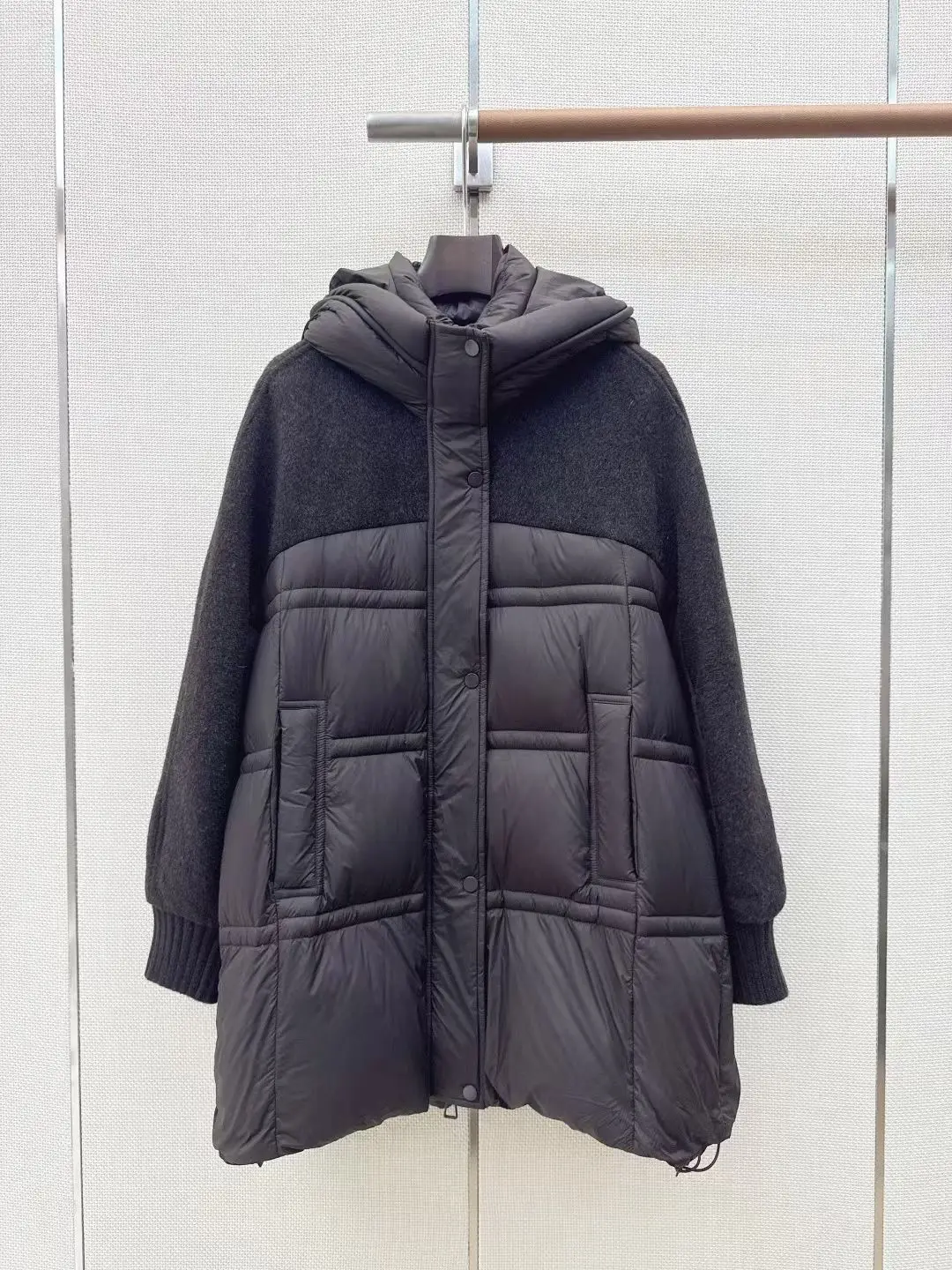 Women Mid Length Hooded Wool Coat, Spliced Design, Down Hood, Fall Winter New Arrival