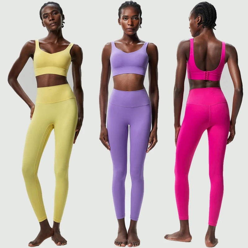 Two Pieces Fitness Yoga Set Women Solid Color Buttery Soft Gym Suit Breathable Quick Dry Running Sportswear Workout Clothes