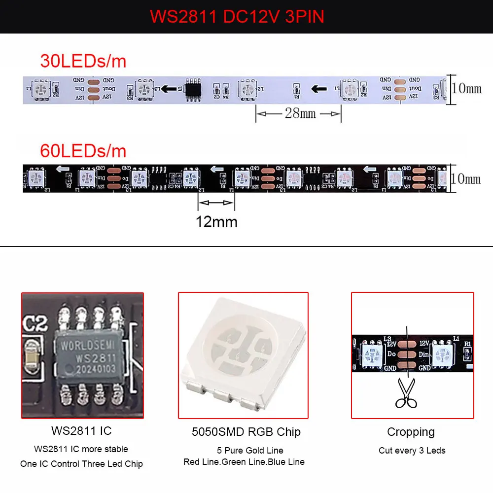 WS2812B WS2815 Individually Addressable LED Strip, WS2811 RGBIC LED Strip ,30/60/74/96/144 Pixels/Leds/m Tape Light 5V/12V