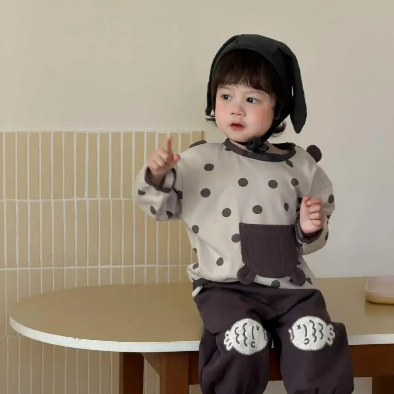

2026 Spring New Baby Long Sleeve Sweatshirt Boys Casual Pullover Cotton Infant Girls Cute Polka Dot Tops Toddler Clothes