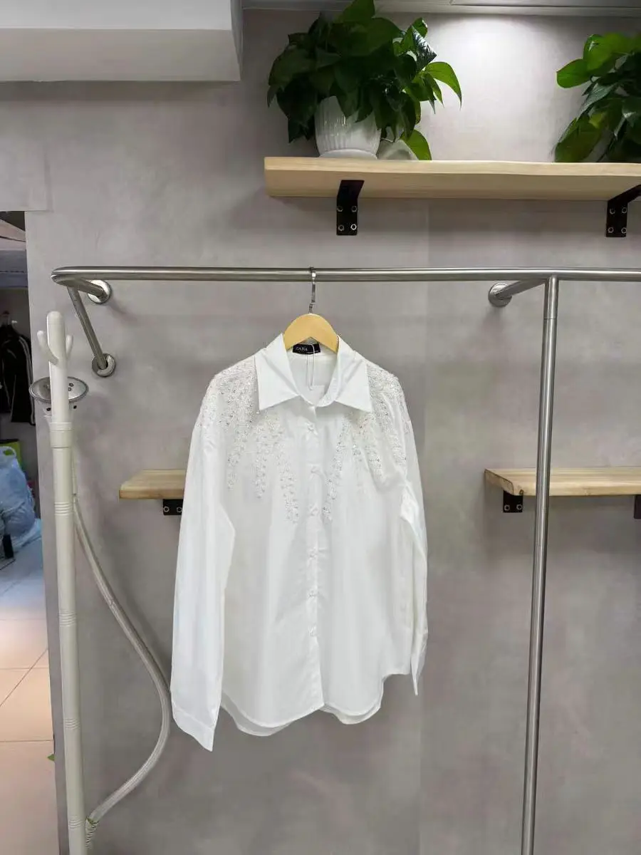 2026 ربيع خريف الاتجاه الجديد الترتر التطريز قمصان قطنية البلوزات للنساء كم طويل فضفاض بلايز عادية ملابس امرأة