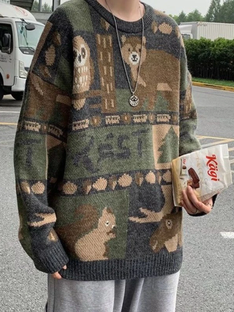 루즈핏 빈티지 O넥 크리스마스 스웨터 남성용 시크 두꺼운 니트 만화 풀오버 가을 겨울 캐주얼 스타일 니트웨어 탑