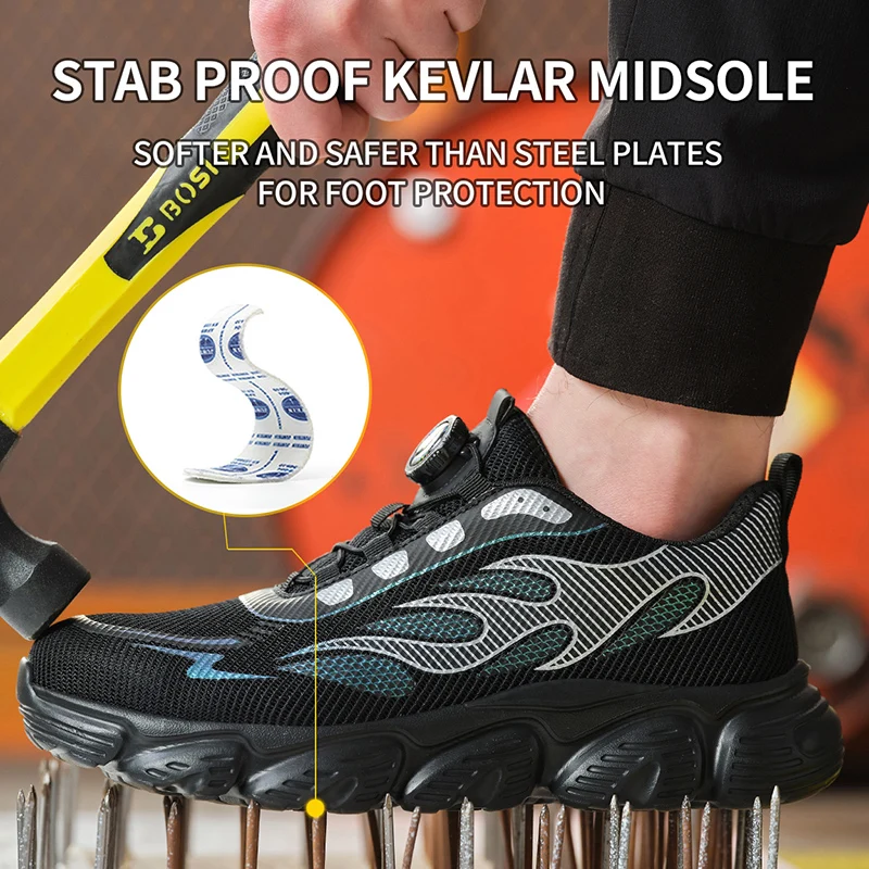 Pulsante rotante Scarpe indistruttibili Scarpe da lavoro traspiranti da uomo Sneakers Scarpe con punta in acciaio Scarpe antinfortunistiche antiforatura Taglie forti 48