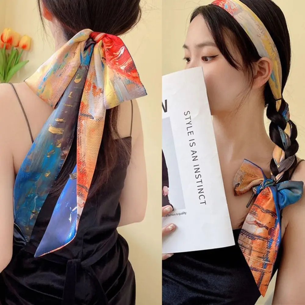 2024 Chinese Style Long Strip Silk Scarf Headband Retro Hair Ring Printing Tied Hair Turban Hair Rope Ribbon Woman Headdress