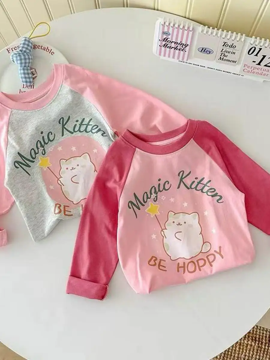 Frühling Herbst Mädchen Baumwoll-T-Shirt Langarm Rundhals Lässig Vielseitig Basisschicht Kinder Reine Baumwolle Rundhals...