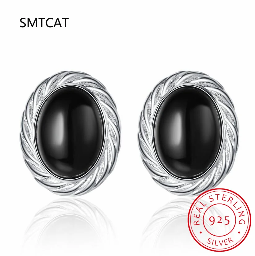 Oval Natural Black Spinel 925 Sterling Silver Stud Earrings for Women Fashion Statement Gemstone Jewelry Brincos de Prata