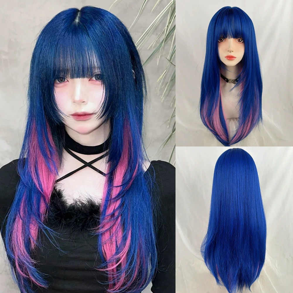 

Blue Ombre Pink Synthetic Long Straight Layered Wig with Bangs Lolita Cosplay Fluffy Women Wig for Daily Party