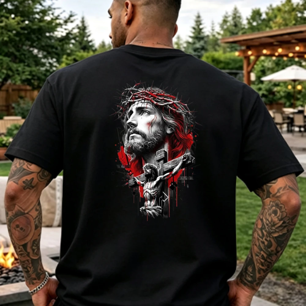 Religious Jesus Crown of Thorns Cross Art Back Printed T Shirt Men Women Cotton Crew Neck Short Sleeve Loose Faith Casual Tops