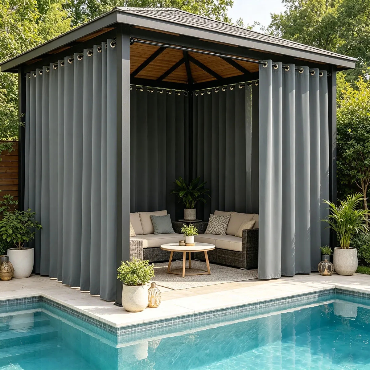 Dark Grey Waterproof Outdoor Curtains 2 Panels, Grommet Top High Density Light Blocking Privacy Pergola Patio Gazebo Drapes