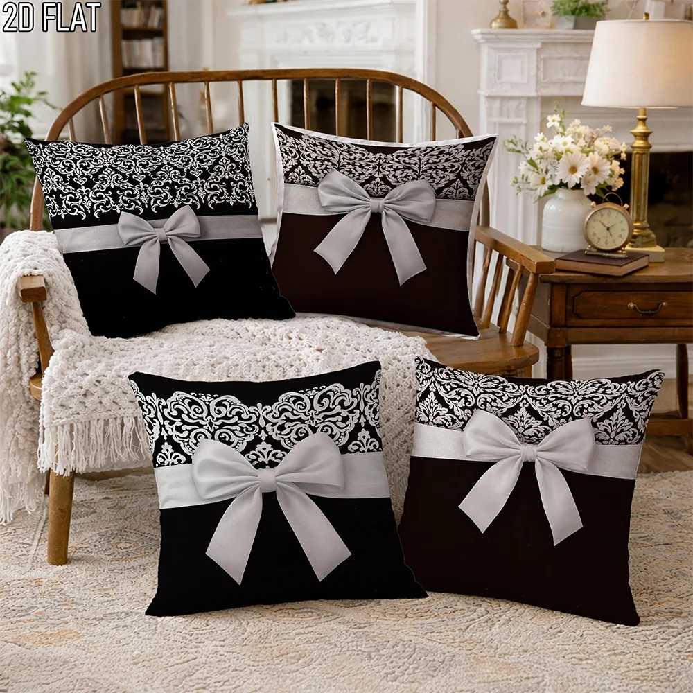 1PC 2D Flat Elegant Damask Bow Decor Throw Pillow Covers Luxury Home Decor Cushion Cases for Sofa Bedroom No Pillow Core