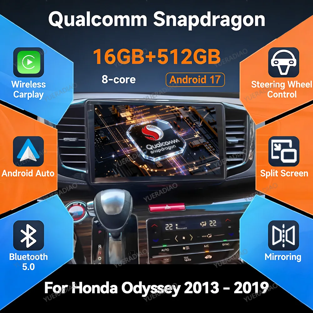 Radio para Auto Android 17 para Honda Odyssey 5 RC 2013-2019, Qualcomm 4G LTE, 5G WIFI, 2DIN, GPS, Navegador, Reproductor Multimedia Estéreo, Video, Bluetooth