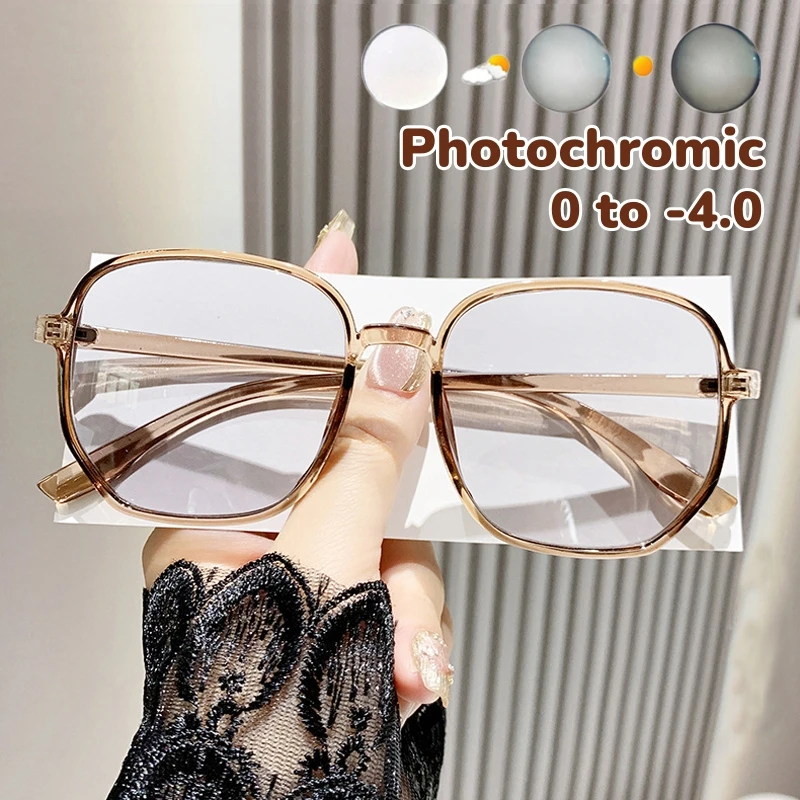 

Outdoor Trendy Photochromic Myopia Glasses Large Frame Women Men Short-sight Sunglasses Color Changing Anti Blue Light Glasses