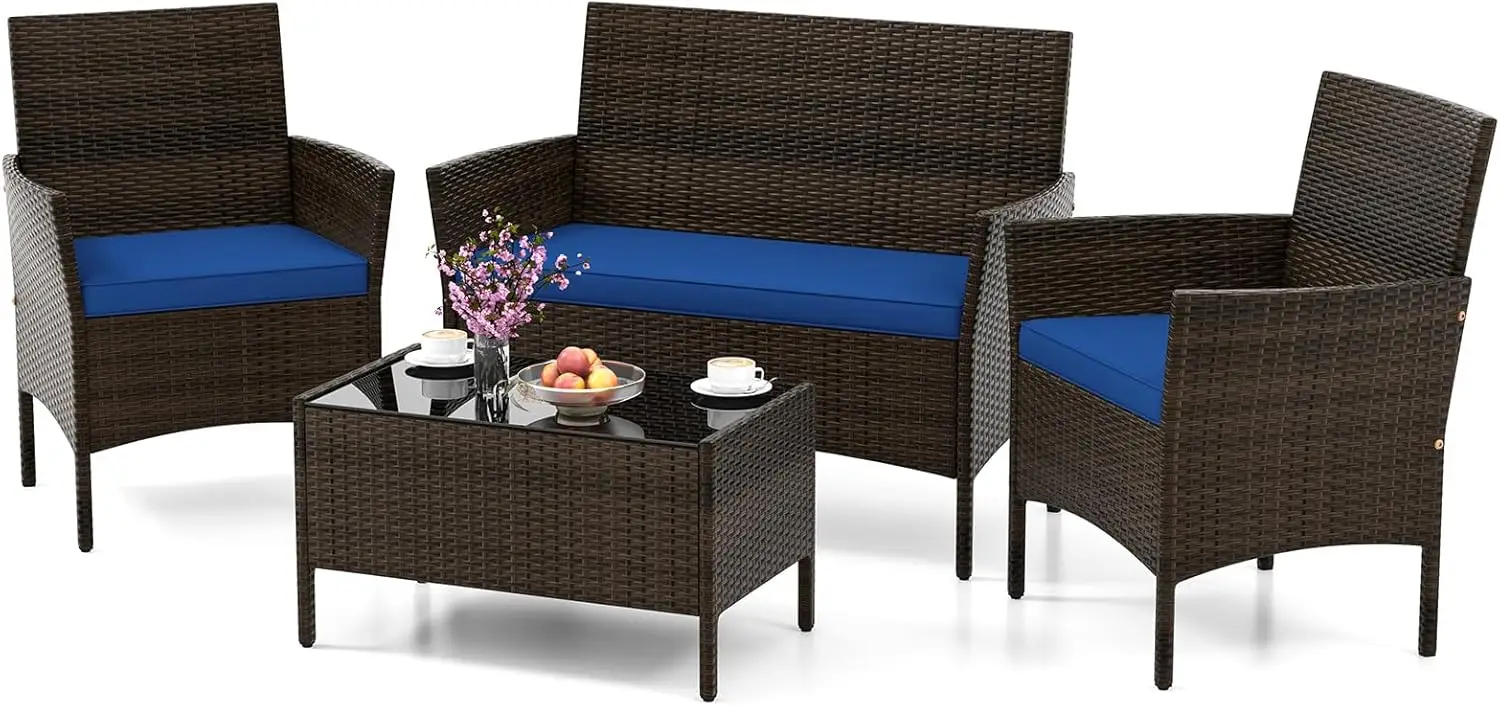 4 Pieces Outdoor Rattan Conversation Set, Patio Wicker Furniture Set with Loveseat Chairs & Tempered Glass Coffee Tab