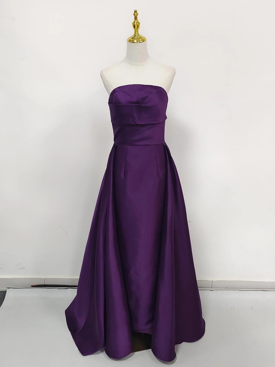 VGH Solid Banquet Evening Dress for Women Strapless Sleeveless High Waist Pleated Temperament Catwalk Red Carpet Dress Female